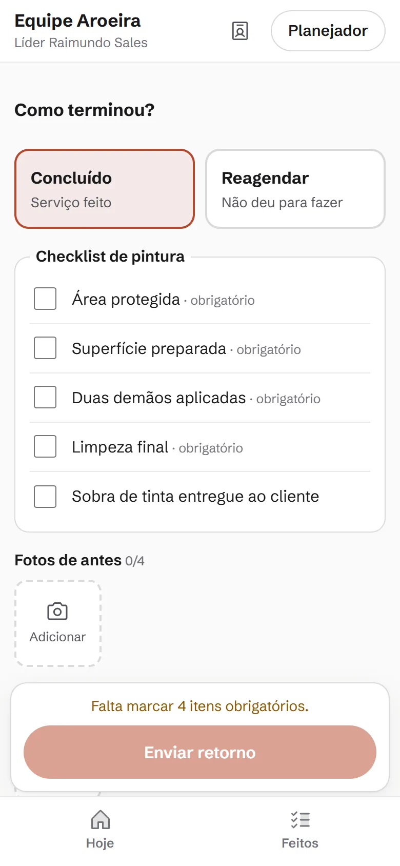 Checklist pendente: tela de retorno do serviço no celular
