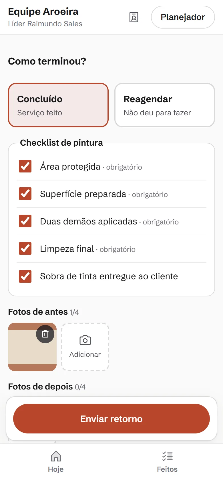 Pronto para enviar: tela de retorno do serviço no celular