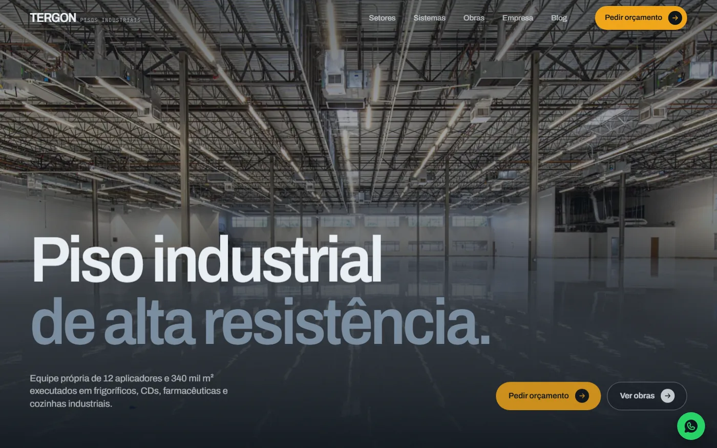 Site Tergon: página inicial de uma empresa de pisos industriais.